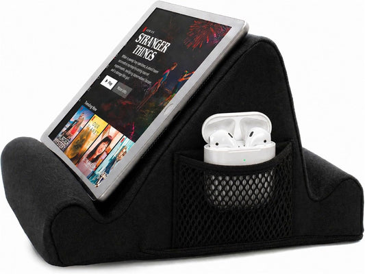 Tablet Lap Cushion - Tablet and Phone Holder for Bed, Flights, and Travel, Two Angled Memory Foam Lap Desk for Reading and Hands Free Viewing, Compatible iPad and Kindle Accessories, Black