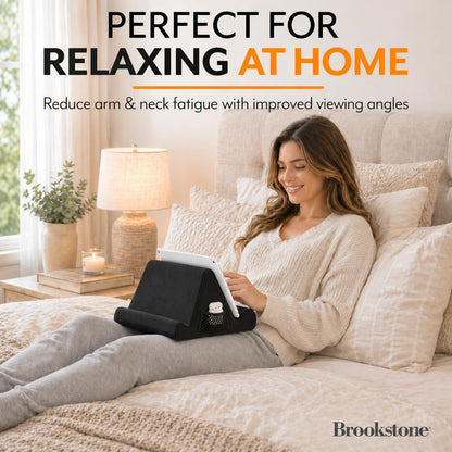 Tablet Lap Cushion - Tablet and Phone Holder for Bed, Flights, and Travel, Two Angled Memory Foam Lap Desk for Reading and Hands Free Viewing, Compatible iPad and Kindle Accessories, Black