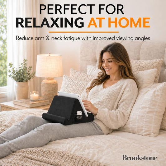 Tablet Lap Cushion - Tablet and Phone Holder for Bed, Flights, and Travel, Two Angled Memory Foam Lap Desk for Reading and Hands Free Viewing, Compatible iPad and Kindle Accessories, Black