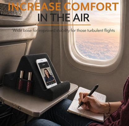 Tablet Lap Cushion - Tablet and Phone Holder for Bed, Flights, and Travel, Two Angled Memory Foam Lap Desk for Reading and Hands Free Viewing, Compatible iPad and Kindle Accessories, Black