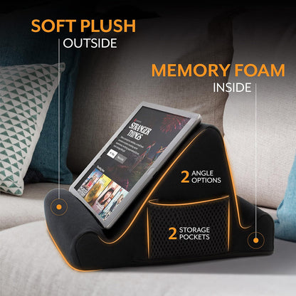 Tablet Lap Cushion - Tablet and Phone Holder for Bed, Flights, and Travel, Two Angled Memory Foam Lap Desk for Reading and Hands Free Viewing, Compatible iPad and Kindle Accessories, Black