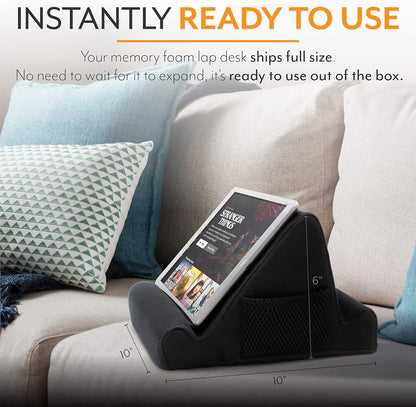 Tablet Lap Cushion - Tablet and Phone Holder for Bed, Flights, and Travel, Two Angled Memory Foam Lap Desk for Reading and Hands Free Viewing, Compatible iPad and Kindle Accessories, Black