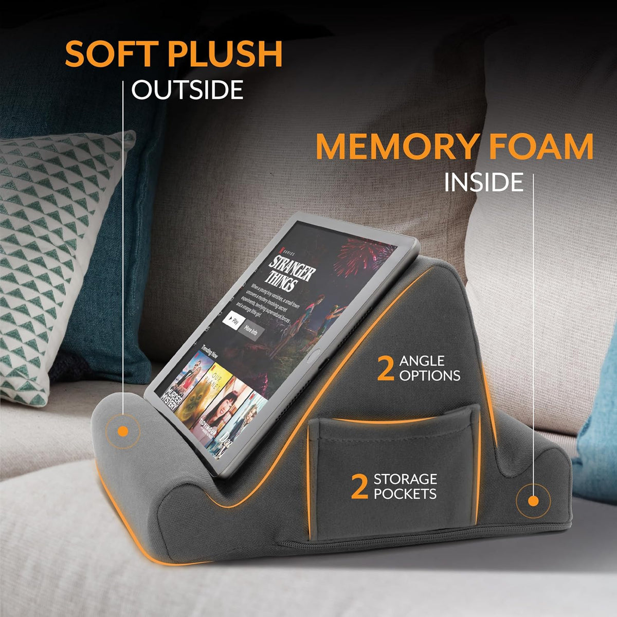 Tablet Lap Cushion - Tablet and Phone Holder for Bed, Flights, and Travel, Two Angled Memory Foam Lap Desk for Reading and Hands Free Viewing, Compatible iPad and Kindle Accessories, Black