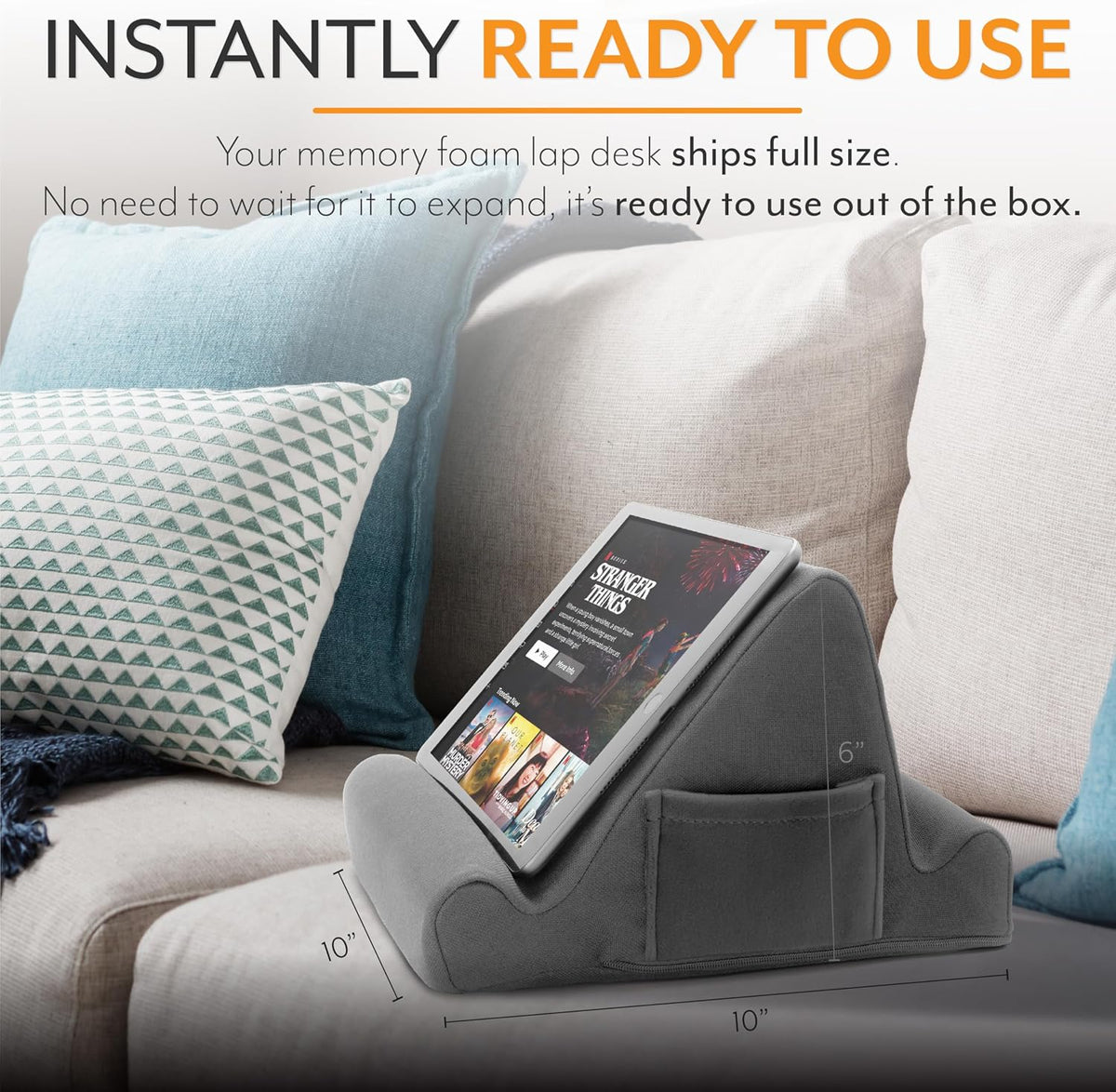 Tablet Lap Cushion - Tablet and Phone Holder for Bed, Flights, and Travel, Two Angled Memory Foam Lap Desk for Reading and Hands Free Viewing, Compatible iPad and Kindle Accessories, Black