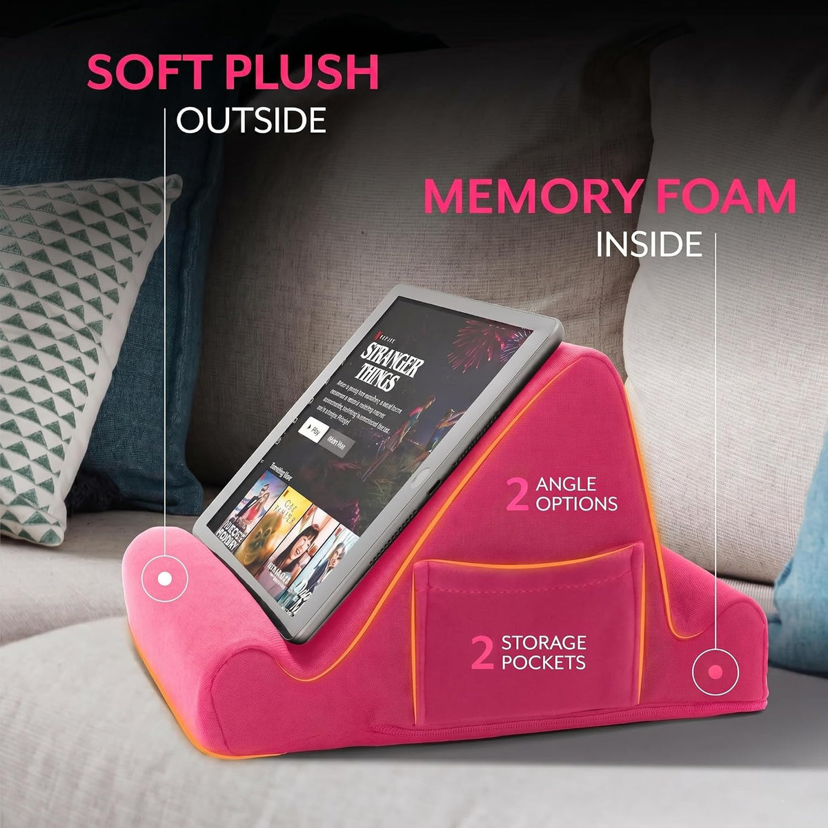 Tablet Lap Cushion - Tablet and Phone Holder for Bed, Flights, and Travel, Two Angled Memory Foam Lap Desk for Reading and Hands Free Viewing, Compatible iPad and Kindle Accessories, Black