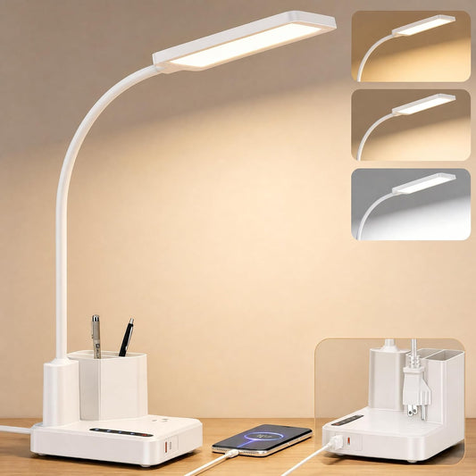 LED Desk Lamp for Dorm USB A/C Charger Pen Holder 3 Light Modes White