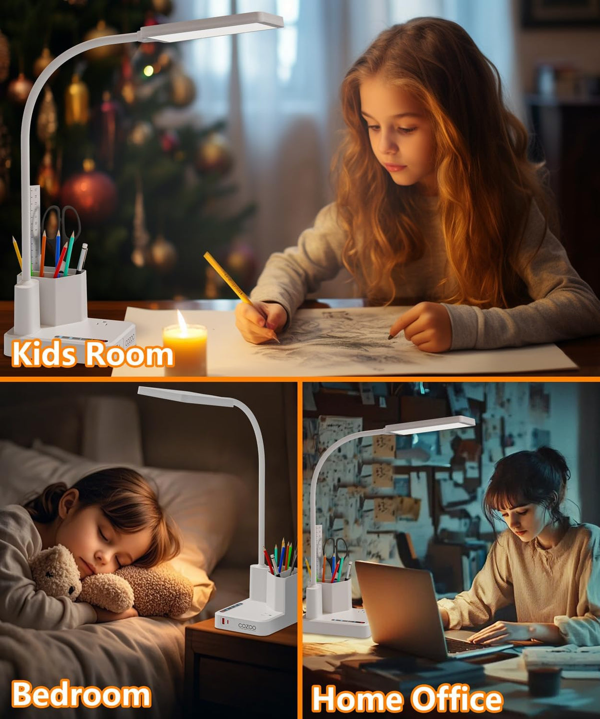 LED Desk Lamp for Dorm USB A/C Charger Pen Holder 3 Light Modes White