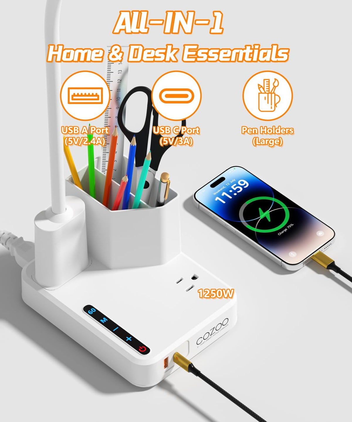 LED Desk Lamp for Dorm USB A/C Charger Pen Holder 3 Light Modes White