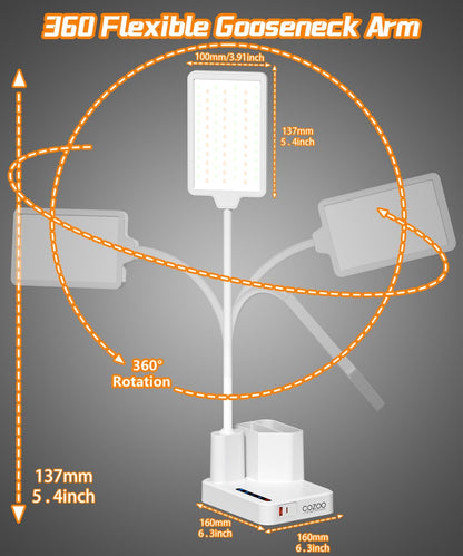 LED Desk Lamp for Dorm USB A/C Charger Pen Holder 3 Light Modes White
