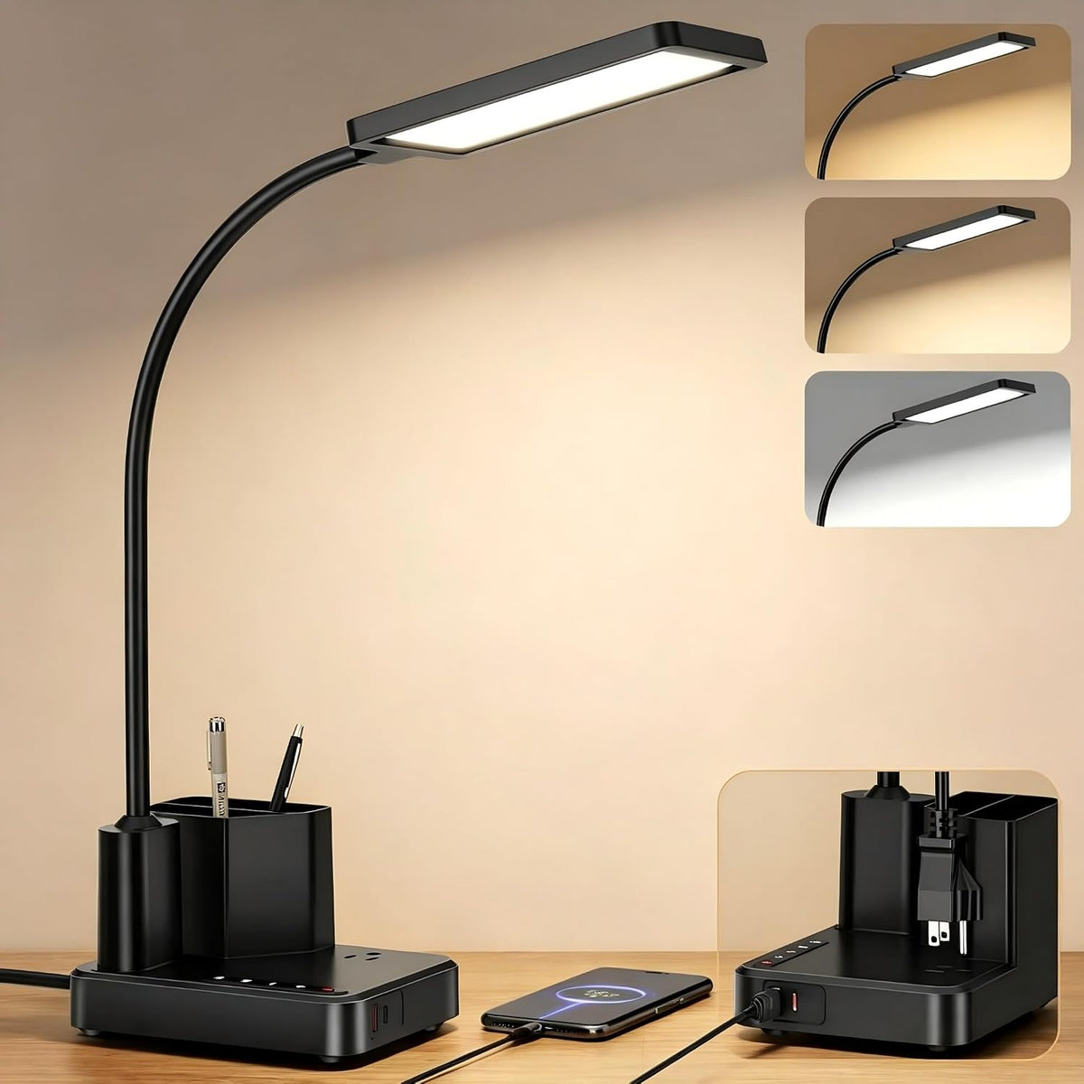 LED Desk Lamp for Dorm USB A/C Charger Pen Holder 3 Light Modes White
