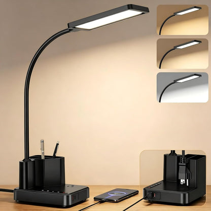 LED Desk Lamp for Dorm USB A/C Charger Pen Holder 3 Light Modes White