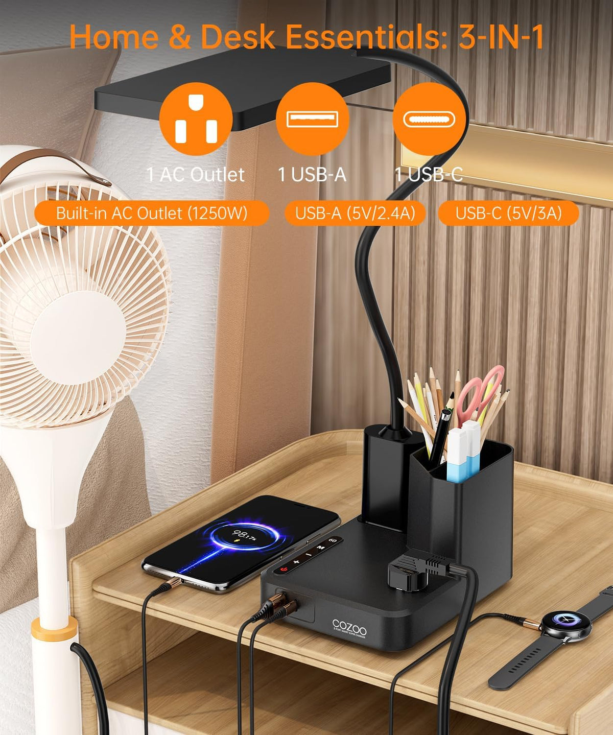 LED Desk Lamp for Dorm USB A/C Charger Pen Holder 3 Light Modes White