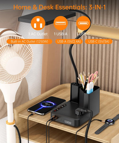 LED Desk Lamp for Dorm USB A/C Charger Pen Holder 3 Light Modes White