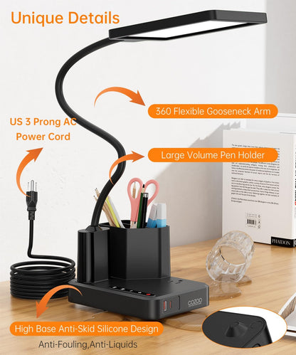LED Desk Lamp for Dorm USB A/C Charger Pen Holder 3 Light Modes White