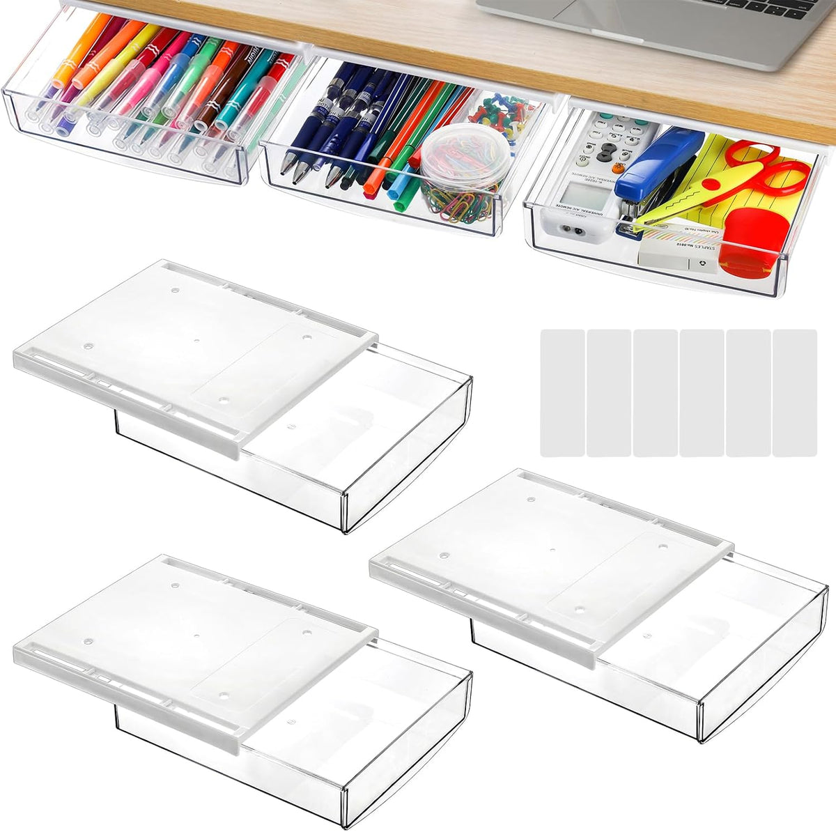 3 Pack Under Desk Drawer, Self-Adhesive Slide Out Organizer Tray, Plastic Stick On Table Hidden Attachable Drawer Tray for Office Home School Kitchen