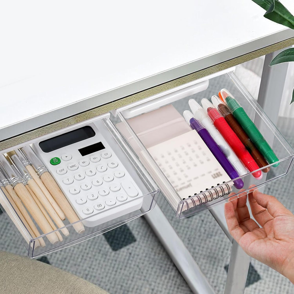 3 Pack Under Desk Drawer, Self-Adhesive Slide Out Organizer Tray, Plastic Stick On Table Hidden Attachable Drawer Tray for Office Home School Kitchen