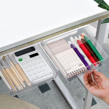3 Pack Under Desk Drawer, Self-Adhesive Slide Out Organizer Tray, Plastic Stick On Table Hidden Attachable Drawer Tray for Office Home School Kitchen
