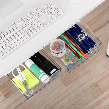 3 Pack Under Desk Drawer, Self-Adhesive Slide Out Organizer Tray, Plastic Stick On Table Hidden Attachable Drawer Tray for Office Home School Kitchen