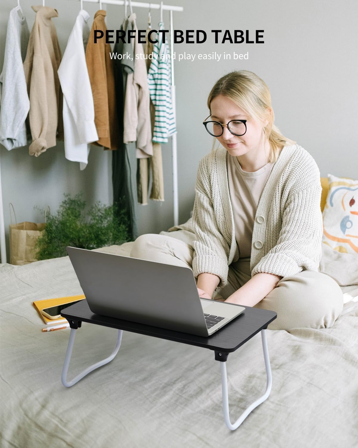 Foldable Lap Desk Laptop Stand Bed Desk Table Tray, Breakfast Serving Tray, Portable & Lightweight Mini Table, Lap Tablet Desk for Sofa Couch Floor - Wood