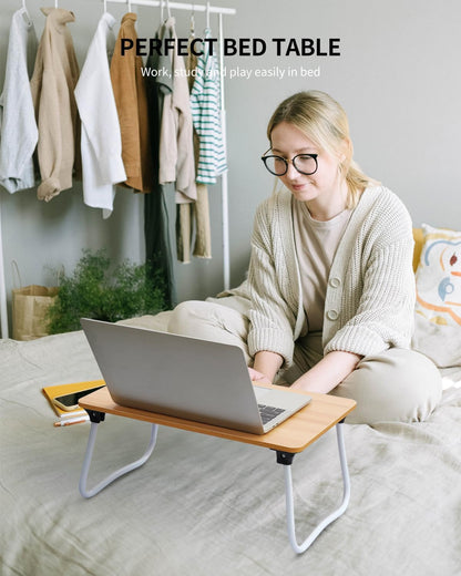 Foldable Lap Desk Laptop Stand Bed Desk Table Tray, Breakfast Serving Tray, Portable & Lightweight Mini Table, Lap Tablet Desk for Sofa Couch Floor - Wood