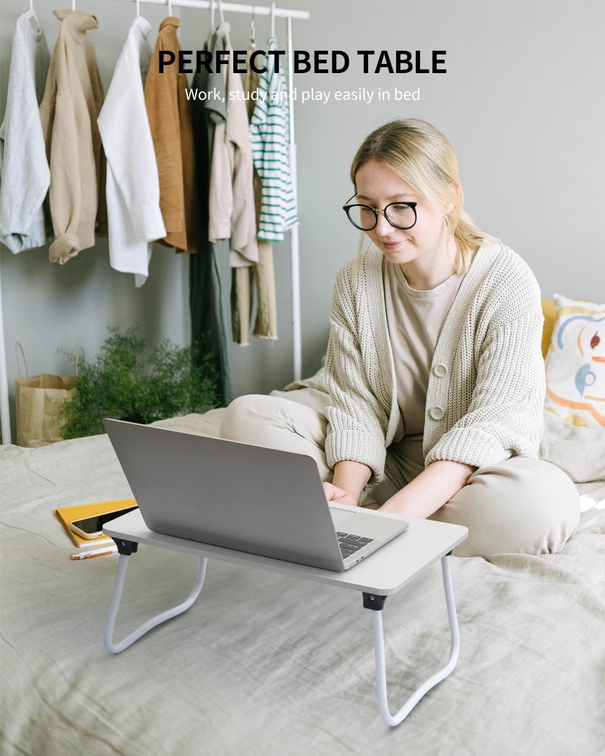 Foldable Lap Desk Laptop Stand Bed Desk Table Tray, Breakfast Serving Tray, Portable & Lightweight Mini Table, Lap Tablet Desk for Sofa Couch Floor - Wood
