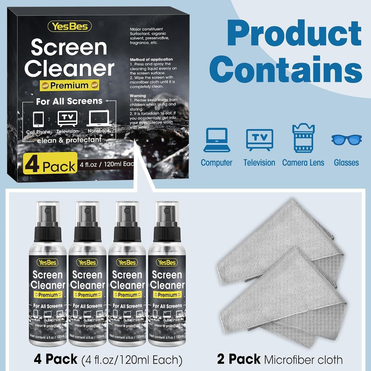 Screen Cleaner Spray 16oz (4oz x 4 Pack) - TV & Computer Screen Cleaner with 2 Microfiber Cloths for Multiple Devices