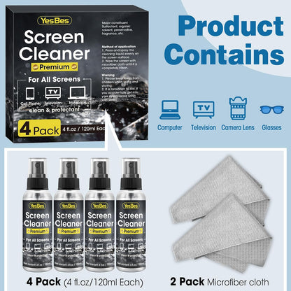Screen Cleaner Spray 16oz (4oz x 4 Pack) - TV & Computer Screen Cleaner with 2 Microfiber Cloths for Multiple Devices