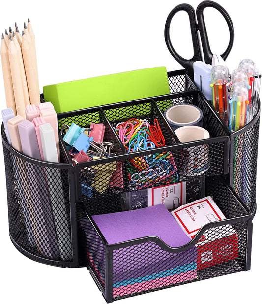 Desk Organizer Black Mesh Pencil Holder 8 Compartments 1 Drawer