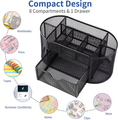 Desk Organizer Black Mesh Pencil Holder 8 Compartments 1 Drawer