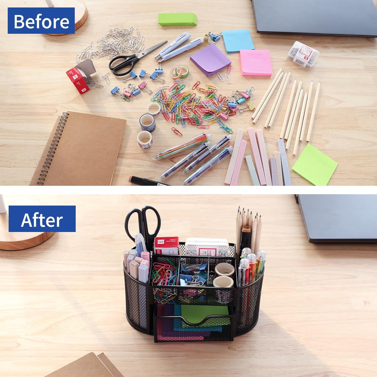 Desk Organizer Black Mesh Pencil Holder 8 Compartments 1 Drawer