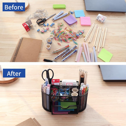 Desk Organizer Black Mesh Pencil Holder 8 Compartments 1 Drawer