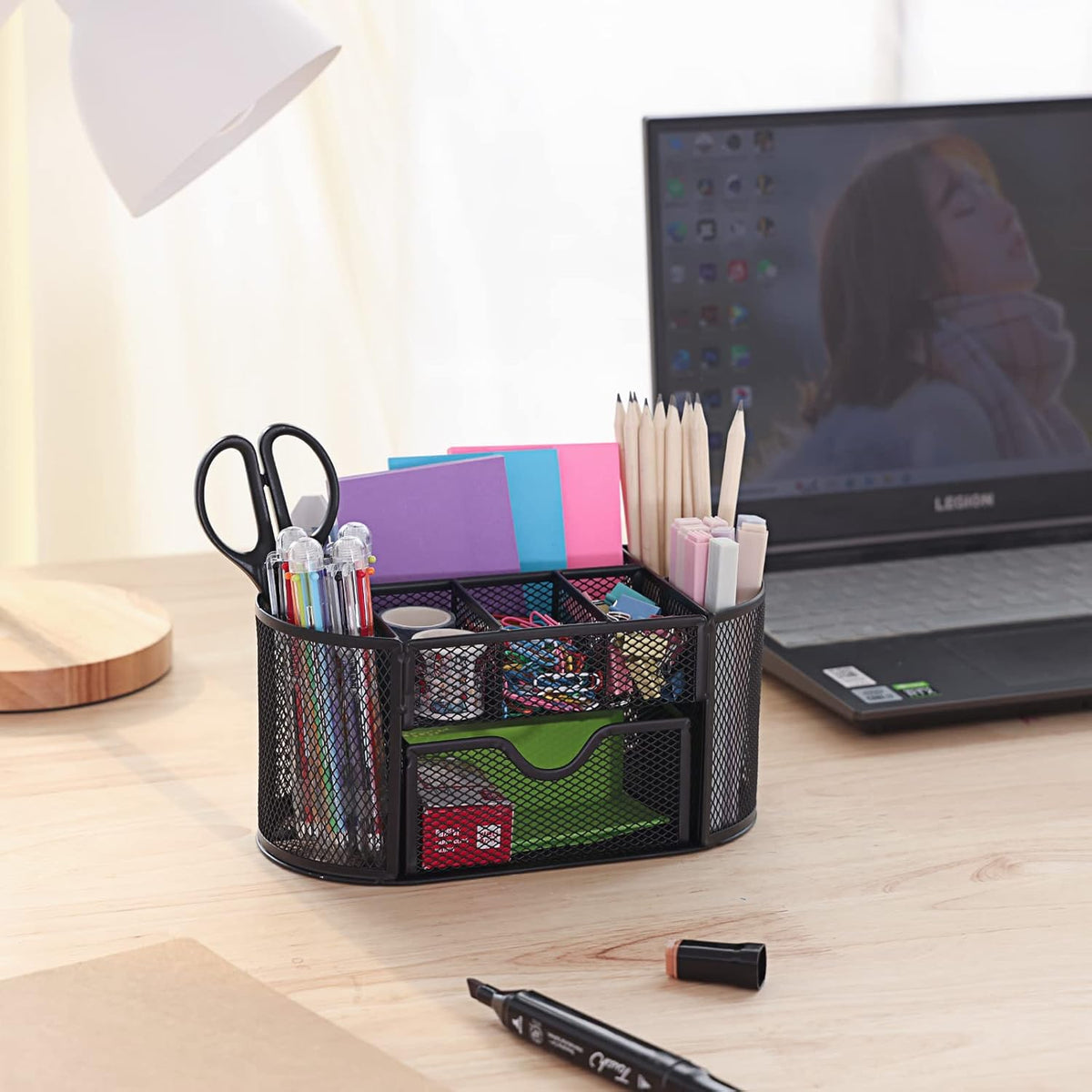 Desk Organizer Black Mesh Pencil Holder 8 Compartments 1 Drawer