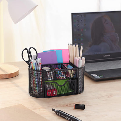Desk Organizer Black Mesh Pencil Holder 8 Compartments 1 Drawer