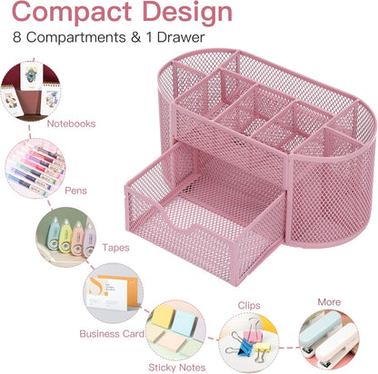 Desk Organizer Black Mesh Pencil Holder 8 Compartments 1 Drawer
