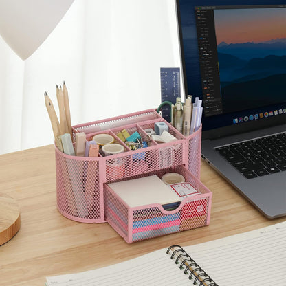 Desk Organizer Black Mesh Pencil Holder 8 Compartments 1 Drawer