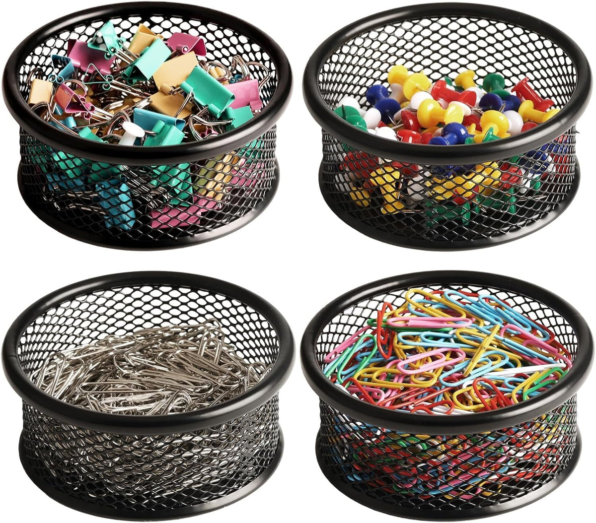 Paper Clip Holder, Paperclip Holders for Desk, Mesh Paper Clip Holder for Desk Binder Wire Mesh Bowls, Paper Clip Dispenser Organizer for Holding Small Parts Office Accessories Black 4 Pack