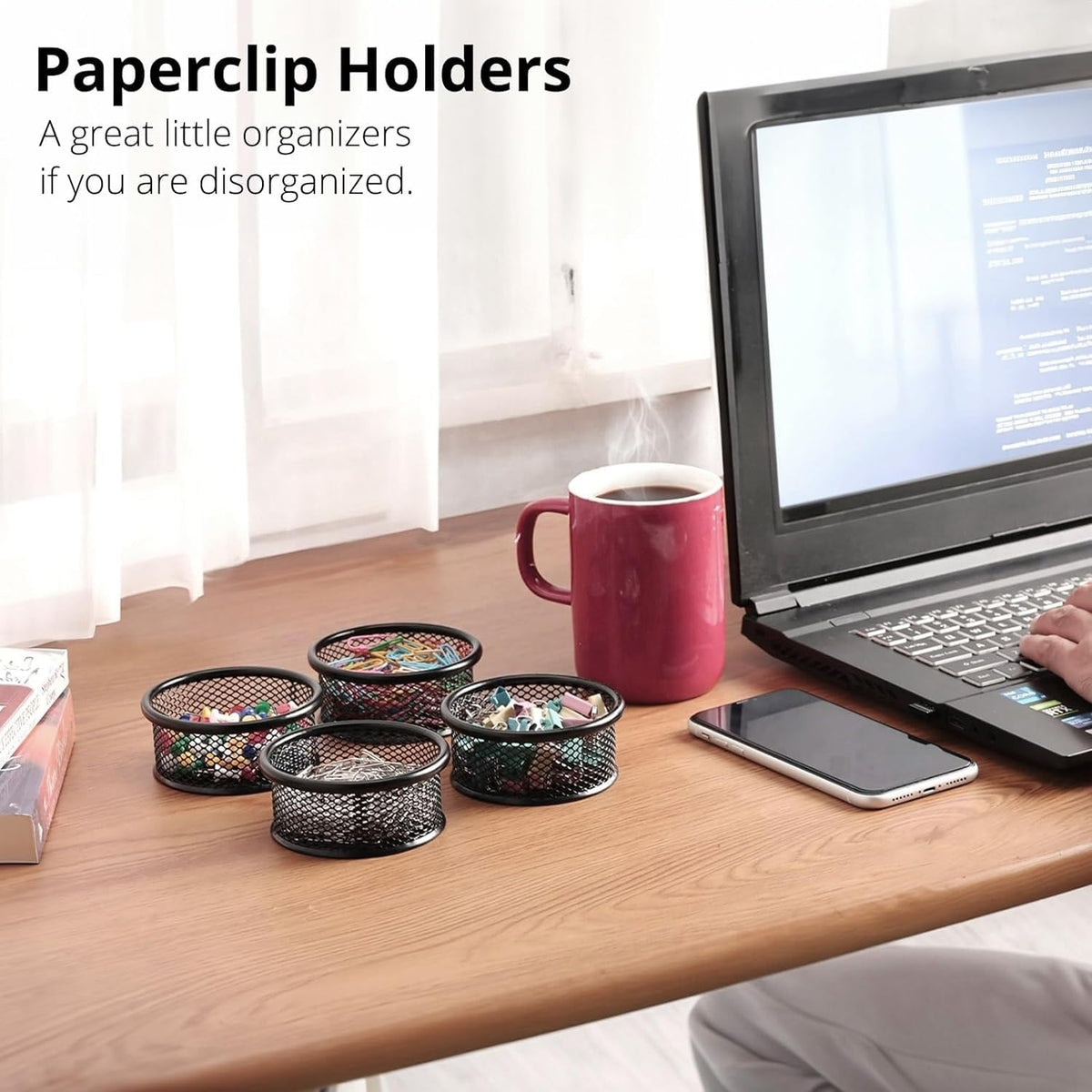 Paper Clip Holder, Paperclip Holders for Desk, Mesh Paper Clip Holder for Desk Binder Wire Mesh Bowls, Paper Clip Dispenser Organizer for Holding Small Parts Office Accessories Black 4 Pack
