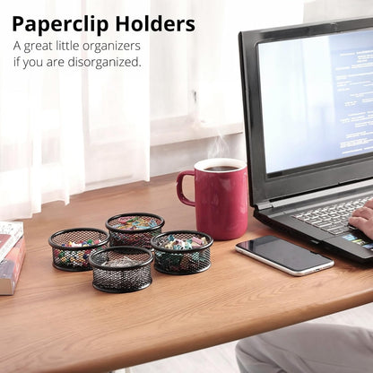 Paper Clip Holder, Paperclip Holders for Desk, Mesh Paper Clip Holder for Desk Binder Wire Mesh Bowls, Paper Clip Dispenser Organizer for Holding Small Parts Office Accessories Black 4 Pack