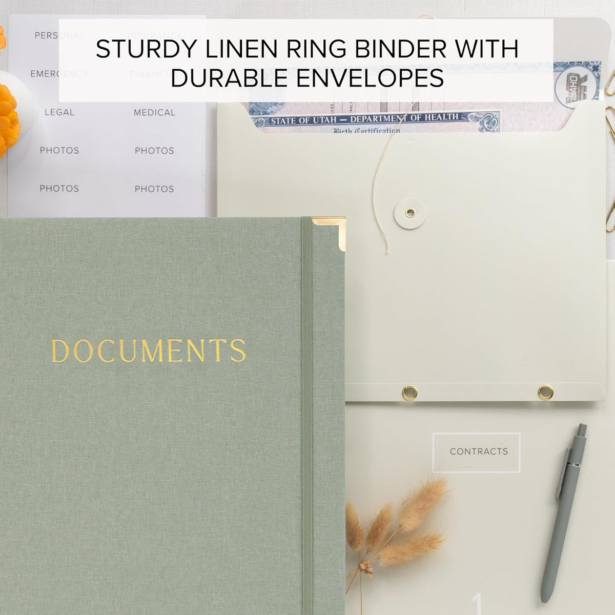 Important Document Organizer Set with Folders - Complete Linen Ring Binder