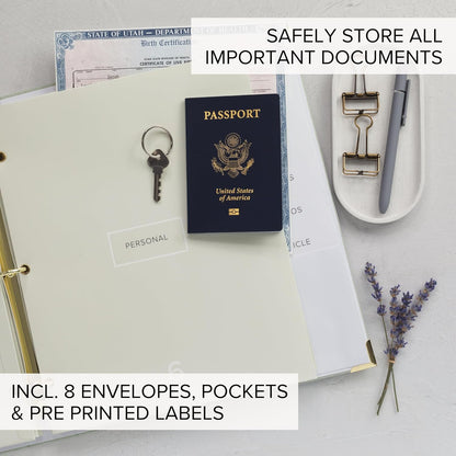 Important Document Organizer Set with Folders - Complete Linen Ring Binder