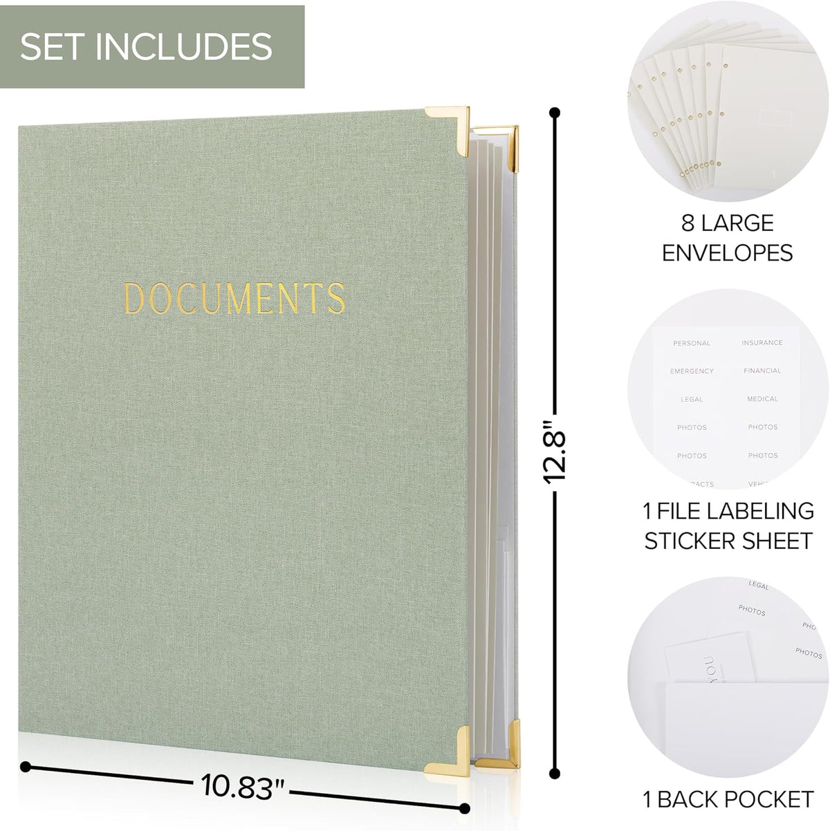 Important Document Organizer Set with Folders - Complete Linen Ring Binder