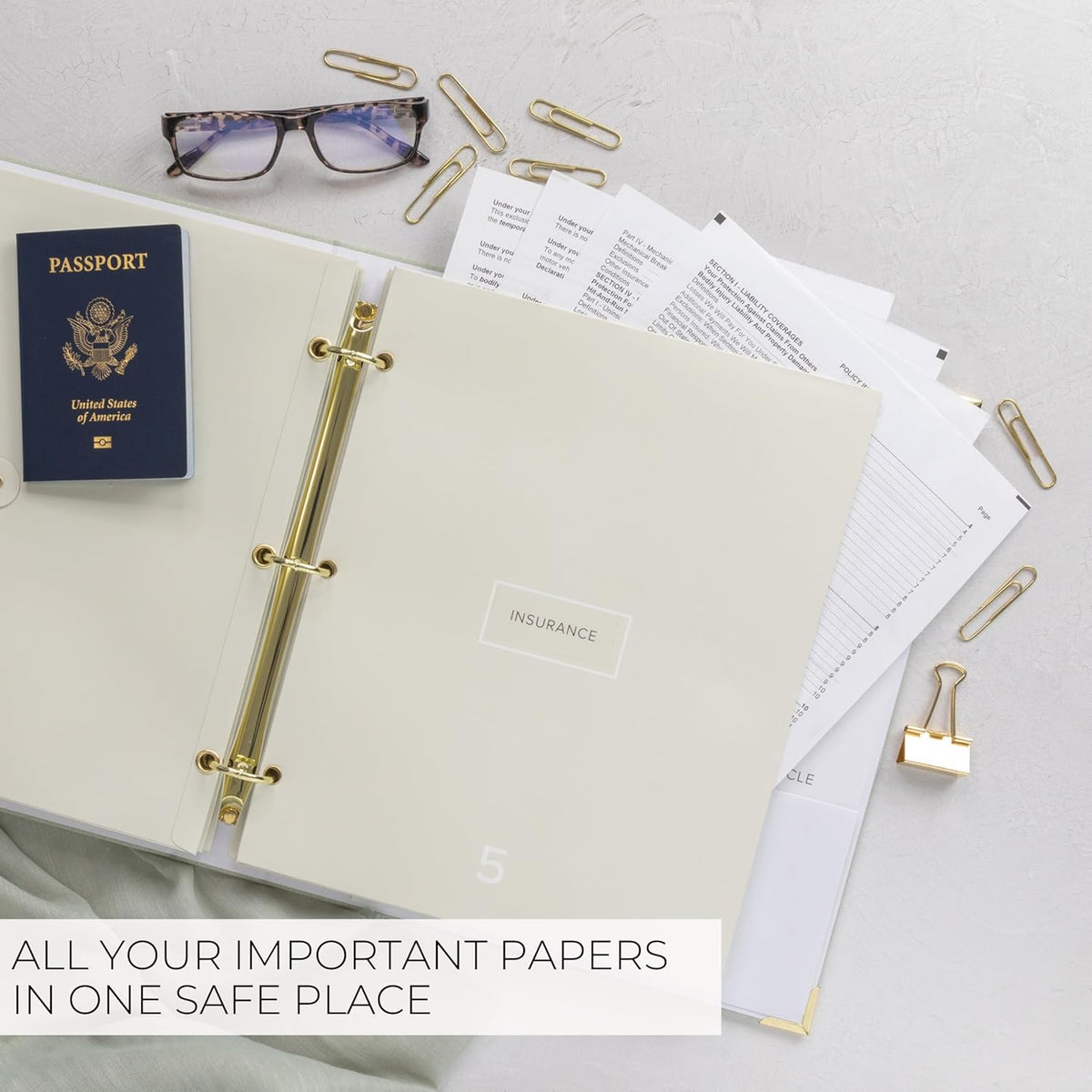 Important Document Organizer Set with Folders - Complete Linen Ring Binder