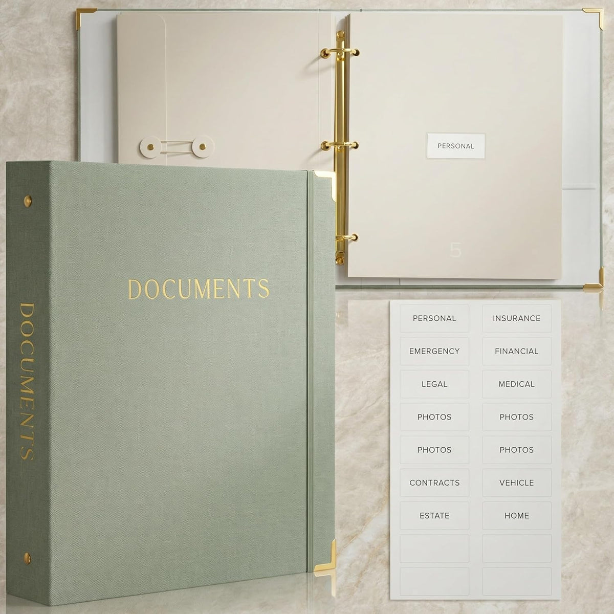 Important Document Organizer Set with Folders - Complete Linen Ring Binder