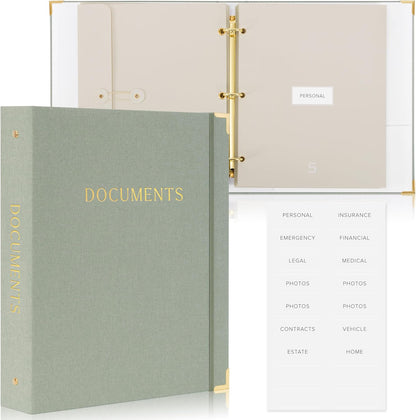 Important Document Organizer Set with Folders - Complete Linen Ring Binder