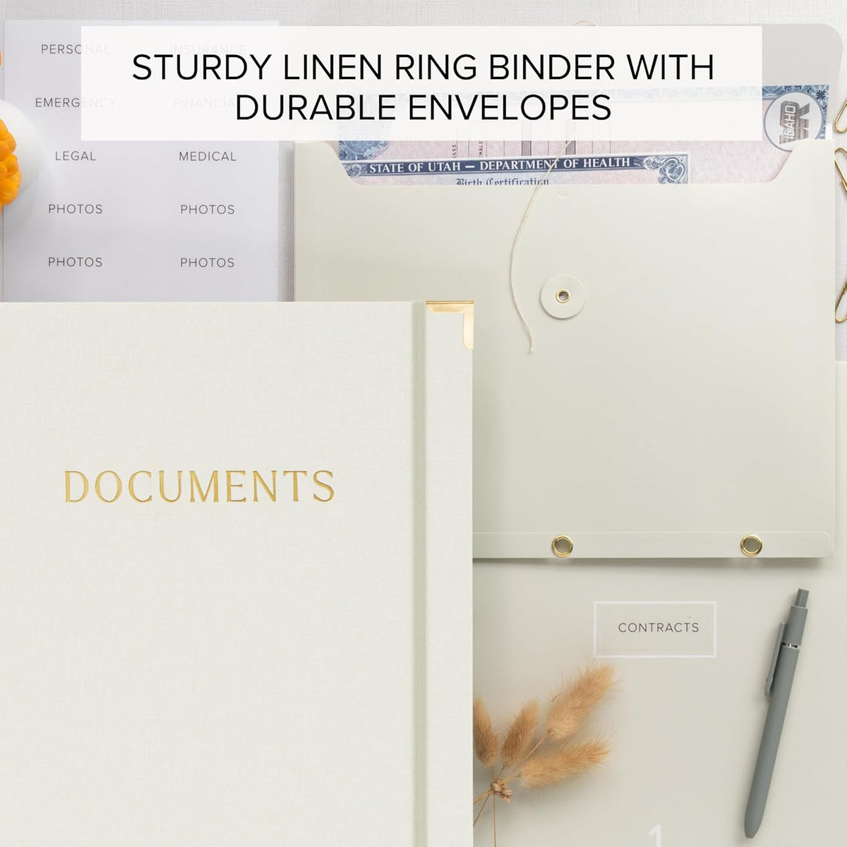 Important Document Organizer Set with Folders - Complete Linen Ring Binder
