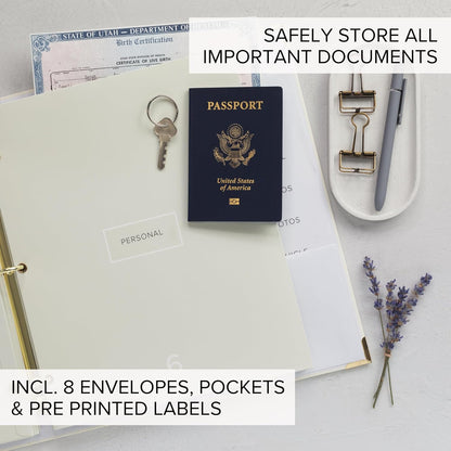 Important Document Organizer Set with Folders - Complete Linen Ring Binder