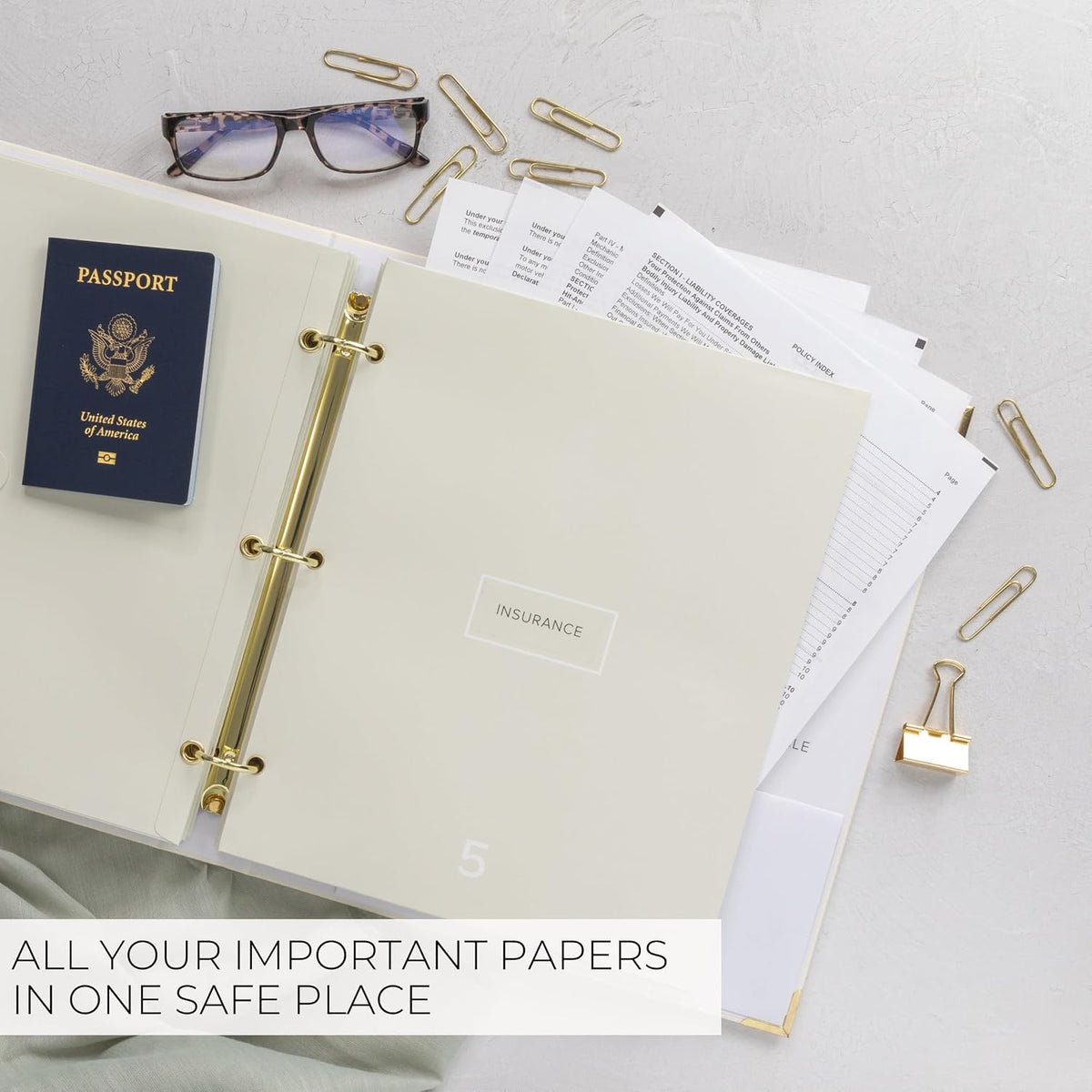 Important Document Organizer Set with Folders - Complete Linen Ring Binder