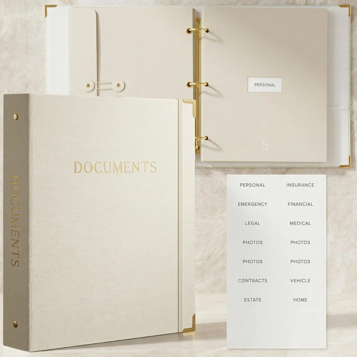 Important Document Organizer Set with Folders - Complete Linen Ring Binder