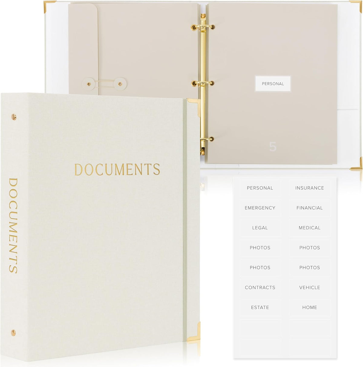 Important Document Organizer Set with Folders - Complete Linen Ring Binder