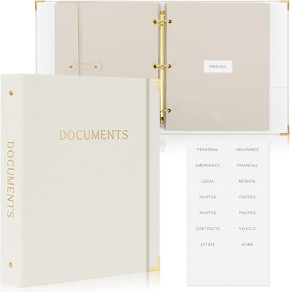 Important Document Organizer Set with Folders - Complete Linen Ring Binder